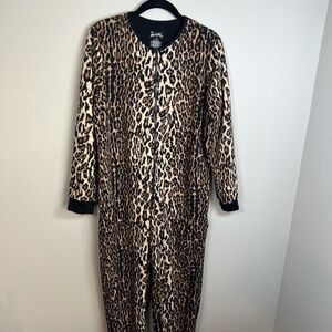 Nick & Nora Women's Leopard Print Cat Footed One-Piece Pajamas Fleece Zip  Small